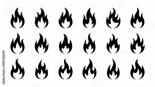A collection of stylized black flames is displayed against a white background showcasing various shapes and sizes of fire high quality professional detailed modern elegant stylish