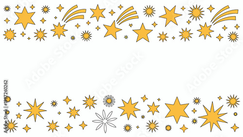 A vibrant arrangement of golden stars and sparkling trails frames a blank white space creating a festive and whimsical border high quality professional detailed modern elegant