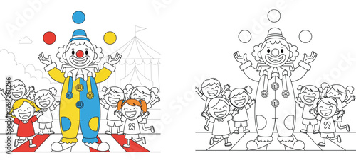 Funny Cartoon Clown Juggling for Happy Children Coloring Page, Circus Performance Educational Activity Sheet for Kids and Preschoolers with Outline Illustration