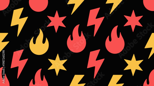 A vibrant repeating pattern features red and yellow flames lightning bolts and stars against a stark black background high quality professional detailed modern elegant stylish clean