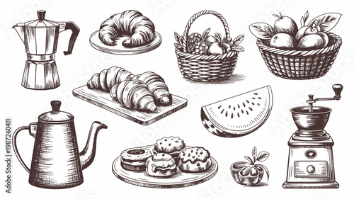 A detailed vintage style illustration displays an assortment of breakfast items including pastries fruit coffee pots and a manual grinder high quality professional modern elegant stylish