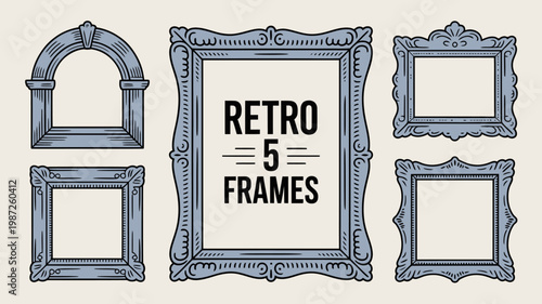 An assortment of five vintage style picture frames are displayed featuring ornate details and a light blue hue high quality professional detailed modern elegant stylish clean