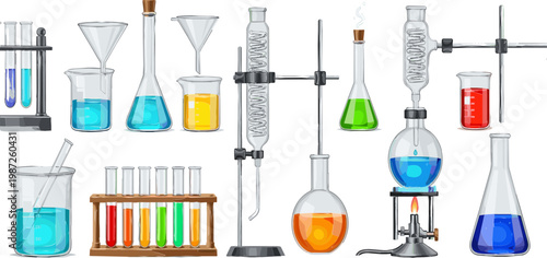 Laboratory Equipment Set Featuring Beakers, Test Tubes, Flasks, and Chemical Glassware for Science, Chemistry, and Educational Designs