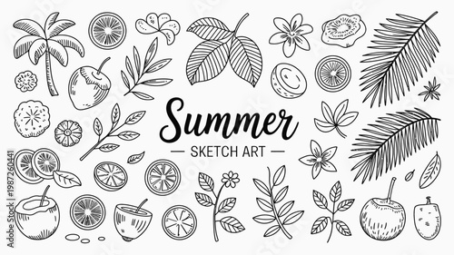 A collection of hand drawn tropical fruits leaves and flowers arranged in a summery composition with the word summer displayed high quality professional detailed modern elegant
