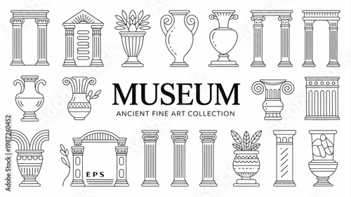 A collection of linear illustrations depicts classical architectural elements and decorative vases arranged around the word museum high quality professional detailed modern elegant stylish clean crisp
