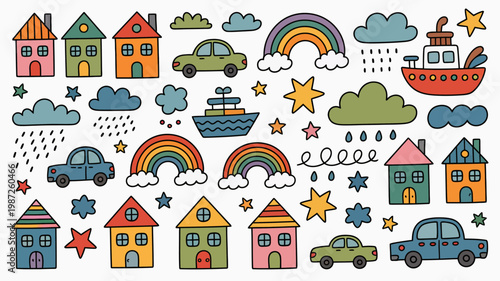 A colorful doodle illustration features houses cars boats rainbows clouds and stars creating a whimsical and playful scene high quality professional detailed modern elegant stylish clean
