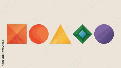 A vibrant row of geometric shapes is displayed against a neutral beige background showcasing diverse colors and forms high quality professional detailed modern elegant stylish clean