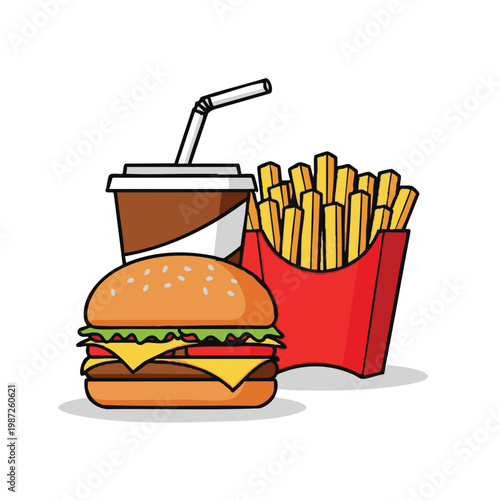 Fast food, burger, fries, soda, vector illustration, meal, restaurant, takeout