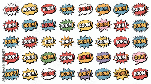 A vibrant collection of colorful comic book speech bubbles filled with onomatopoeic words like boom wow and aahhm high quality professional detailed modern elegant stylish clean