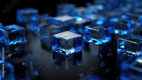 Translucent blue cubes with internal light glow, detailed