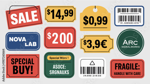A collection of colorful retail price and promotional tags with varying shapes sizes and text advertising sales and special offers high quality professional detailed modern elegant