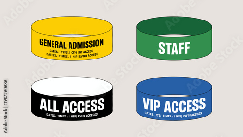 Four colorful wristbands are displayed each labeled with different access levels general admission staff all access and vip access high quality professional detailed modern elegant stylish