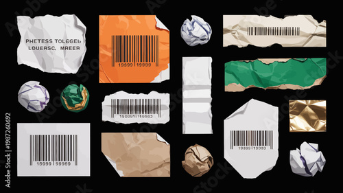A collection of torn and crumpled paper pieces alongside barcode strips arranged against a stark black background high quality professional detailed modern elegant stylish clean crisp