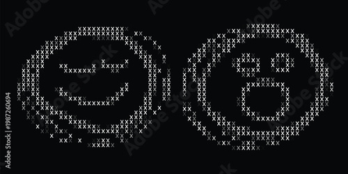 A creative illustration of a face made up of numerous small white xs on a solid black background with a unique pixelated design
