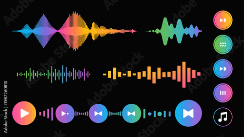 A vibrant collection of audio waveforms and music player controls is displayed against a stark black background illustrating sound visualization high quality professional detailed modern elegant