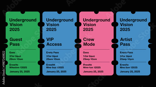 Four colorful event tickets are displayed each labeled underground vision 2025 with different access levels and event details high quality professional detailed modern elegant stylish clean