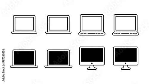 A collection of eight black and white line art icons depicting various computer screens and laptops in a minimalist style high quality professional detailed modern elegant