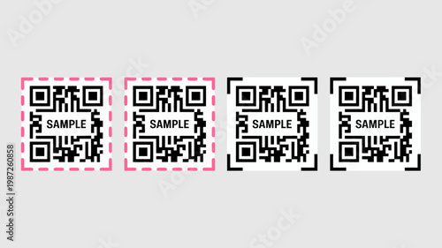Four distinct quick response codes are displayed against a light gray background some highlighted with pink borders high quality professional detailed modern elegant stylish clean crisp