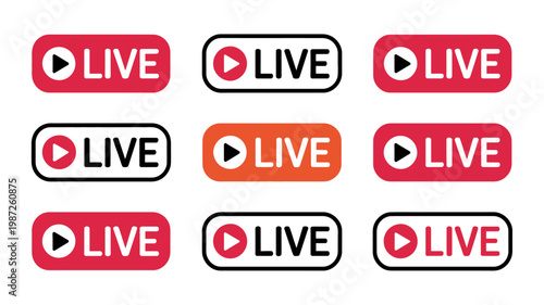 A collection of nine rounded rectangular live broadcast buttons featuring a play symbol in varying colors and borders high quality professional detailed modern elegant stylish clean