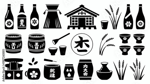 A collection of black and white japanese icons depicting sake traditional buildings rice plants and associated cultural elements high quality professional detailed modern elegant stylish clean