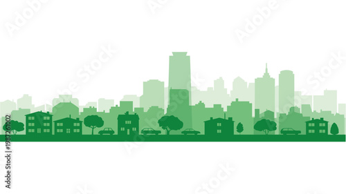 A minimalist monochromatic green cityscape silhouette depicts a variety of buildings trees and vehicles against a stark white background high quality professional detailed modern elegant stylish