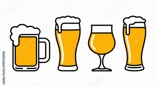 A colorful line art illustration depicts four different types of beer glasses each filled with a golden frothy beverage high quality professional detailed modern elegant stylish