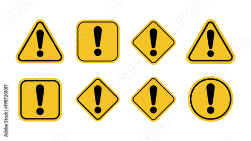 A collection of yellow warning signs with black exclamation points displayed in various geometric shapes and orientations high quality professional detailed modern elegant stylish clean crisp