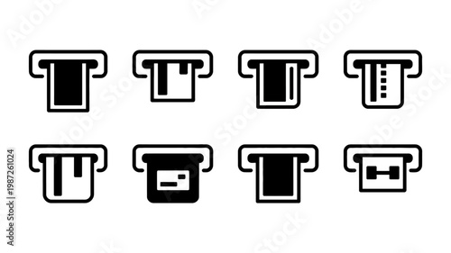 A collection of eight simple black and white line icons depicting various atm or cash machine interface designs and card slots high quality professional detailed modern