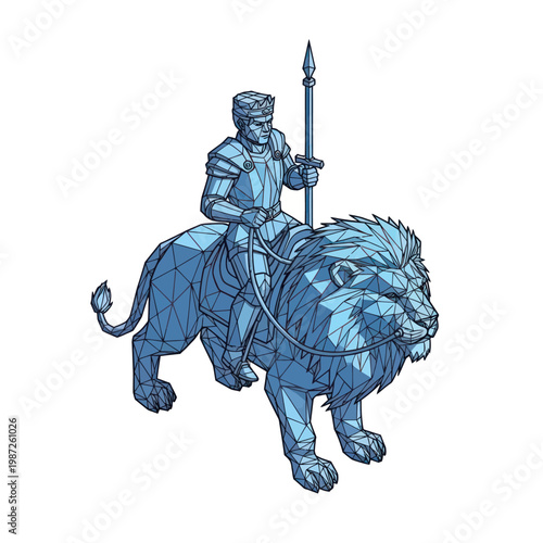 Knight Riding Lion Illustration in Armor.