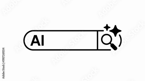 A simple black and white graphic depicts an ai search bar with a magnifying glass and star sparkles symbolizing intelligent data discovery high quality professional detailed