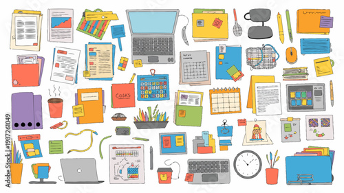 A colorful hand drawn illustration depicts various office supplies and technology scattered across a white background high quality professional detailed modern elegant stylish clean crisp vibrant
