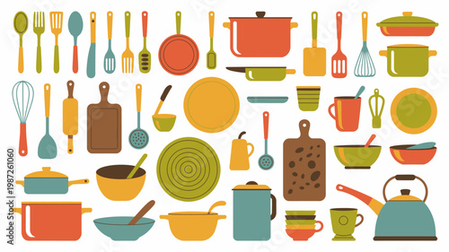 A colorful flat lay illustration showcases a variety of kitchen cookware and utensils arranged on a clean white background high quality professional detailed modern elegant stylish