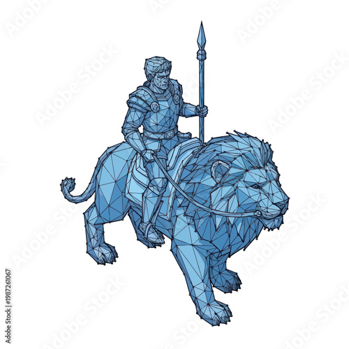 Man Riding Lion with Spear Illustration.