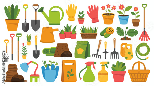 A colorful collection of gardening tools and supplies is displayed including pots shovels watering cans gloves and various plants high quality professional detailed modern elegant stylish