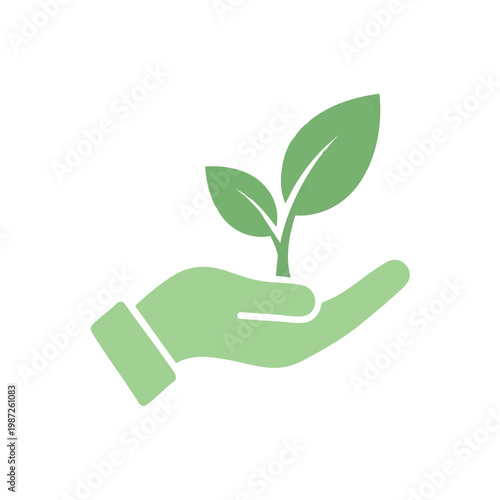 Billede på lærred Eco friendly icon, green hand holding plant, sustainability symbol, environmenta
