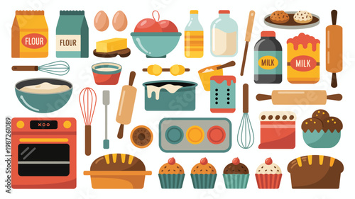 A colorful collection of baking ingredients and tools is displayed including flour eggs milk and various baking utensils high quality professional detailed modern elegant stylish clean