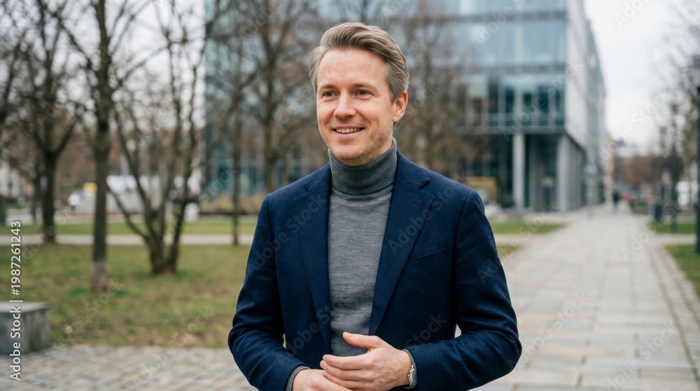 Fototapeta premium Smiling Businessman in Blazer and Turtleneck Outdoors