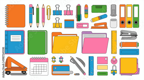A colorful arrangement of common office and school supplies is displayed against a white background including notebooks pens and folders high quality professional detailed modern elegant