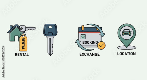 Rental Car Booking and Exchange Icons - Location, Key, and Calendar.