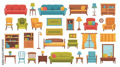 A vibrant collection of illustrated furniture items including sofas chairs tables lamps and decorative elements arranged on a white background high quality professional detailed modern elegant
