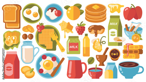 A colorful flat lay illustration depicts a variety of breakfast foods including pancakes eggs waffles fruit and dairy products arranged neatly high quality professional detailed modern