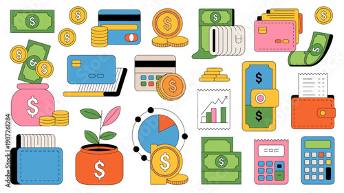 A colorful illustration depicts various financial elements like money credit cards wallets and charts symbolizing wealth and economic growth high quality professional detailed modern elegant stylish