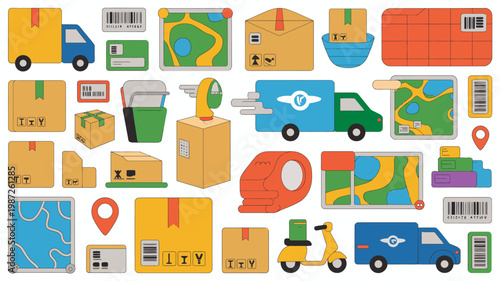 A colorful collection of delivery vehicles and packages are displayed including trucks scooters and various cardboard boxes with labels high quality professional detailed modern elegant stylish