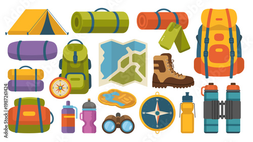 A colorful collection of camping gear is displayed including tents backpacks sleeping bags and accessories for outdoor adventures high quality professional detailed modern elegant stylish clean