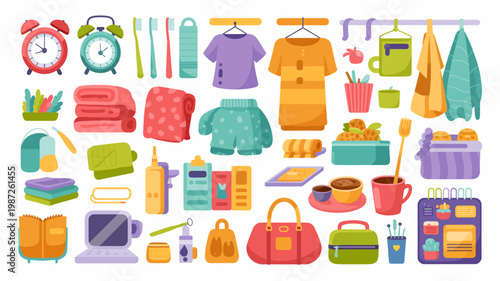 A colorful cartoon style collection of everyday objects including clothing toiletries food and electronics arranged on a white background high quality professional detailed modern elegant stylish