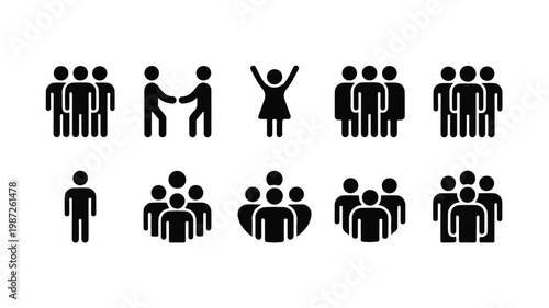 A collection of black silhouettes representing human figures in various communication and social interaction concepts.