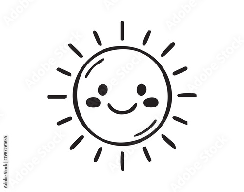 Joyful sun depiction. Delightful smiling sun with vibrant beams rendered as fun doodle. Charming cheerful sun drawing featuring rosy cheeks and lively rays in childlike sketch style