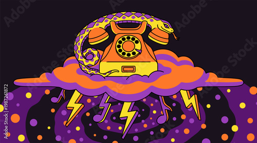 Vintage Rotary Telephone Snake on Striped Cloud with Musical Note Lightning Pop Surrealism Flat Illustration