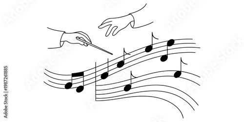 A black and white line drawing of a conductor guiding an orchestra through a musical composition Vector, illustration
