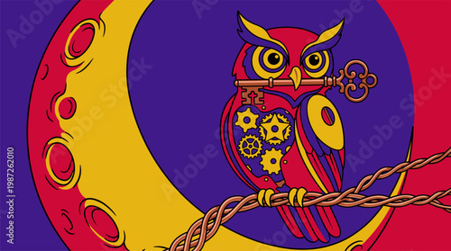 Clockwork Owl With Internal Gears And Moon Background Pop Surrealism Flat Illustration With Bold Outlines